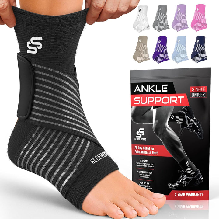 Sleeve Stars Ankle Brace for Women & Men, Ankle Wrap for Sprain, Compression Sleeve for Plantar Fasciitis Relief, Easy Customizable Support: W/Removable Strap (Single/M:10"-12"/Black)