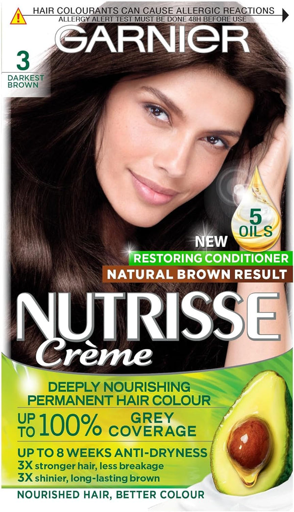 Nutrisse Ultra Crème Vegan Hair Dye, 3 Darkest Brown. Ensures 100% Grey Coverage and Intense, Rich 8-Week Colour. This No-Ammonia, Vegan Formula Provides a Deep, Beautiful Dark Shade.