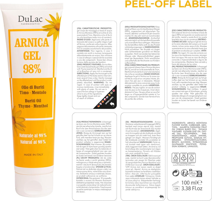 Dulàc, 98% Arnica Gel with Buriti Oil, Thyme and Menthol, for Massaging the Skin of Muscles and Joints, Dermatologically Tested, Nickel Tested, Made in Italy, 100 Ml