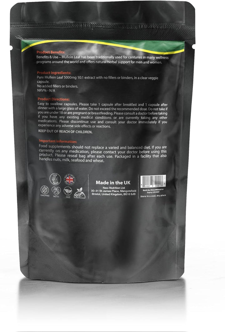 Mullein Leaf Extract for Lungs | High Strength 5000Mg Mullein 10:1 Extract, Lung Support & Respiratory Health | Detoxification Aid & Cleansing Support Supplement - 60 Capsules