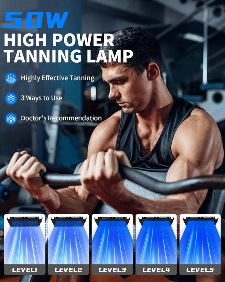 Tanning Lamp Solarium for Home, 50 W Sun Lamp, 2 Modes Constant + Pulsating, 5 Brightness Levels, Face Tanning Daylight, Black, High Density, All Skin Tones