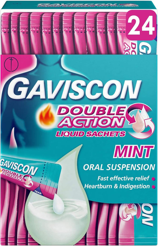 Double Action Sachets, Mint, 24 X 10Ml, Heartburn Relief, Acid Reflux, Indigestion Liquid Gerd, Gastro Resistant, Gets to Work Instantly, Lasts 2X Longer, Antacids, Digestion and Nausea