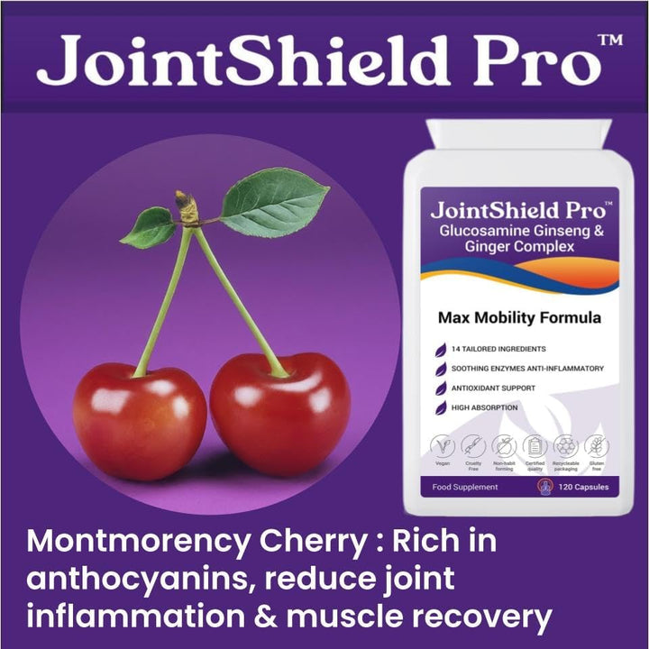 Jointshield Pro Glucosamine, Ginseng, Ginger Supplement with VIT C, MSM, Cherry, Rosehip, ACV, Turmeric & Calming Enzymes - Supports Osteoarthritis, Knee, Ankle Swelling & Inflammation Relief