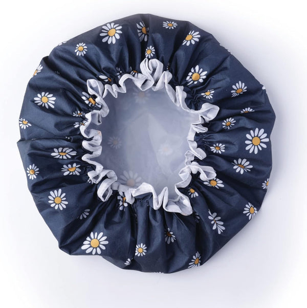 Premium Double Layer Shower Cap for Women with Unique Flower Design- Reusable Shower Cap for Hair - Waterproof Plastic Cap - Shower Caps for Long, Short and Curly Hairs
