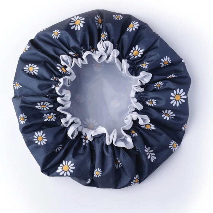 Premium Double Layer Shower Cap for Women with Unique Flower Design- Reusable Shower Cap for Hair - Waterproof Plastic Cap - Shower Caps for Long, Short and Curly Hairs