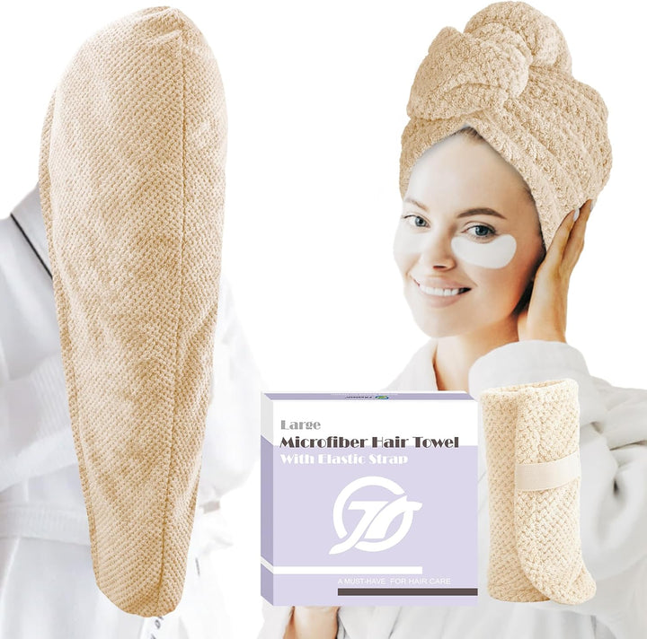 2-Pack Large Microfibre Hair Towel Wrap 86 X 26 Cm, Thicken Super Absorbent Hair Turbans for Wet Hair, Anti-Frizz Hair Drying Towel with Elastic Band for Women Long Thick Curly Plopping Hair