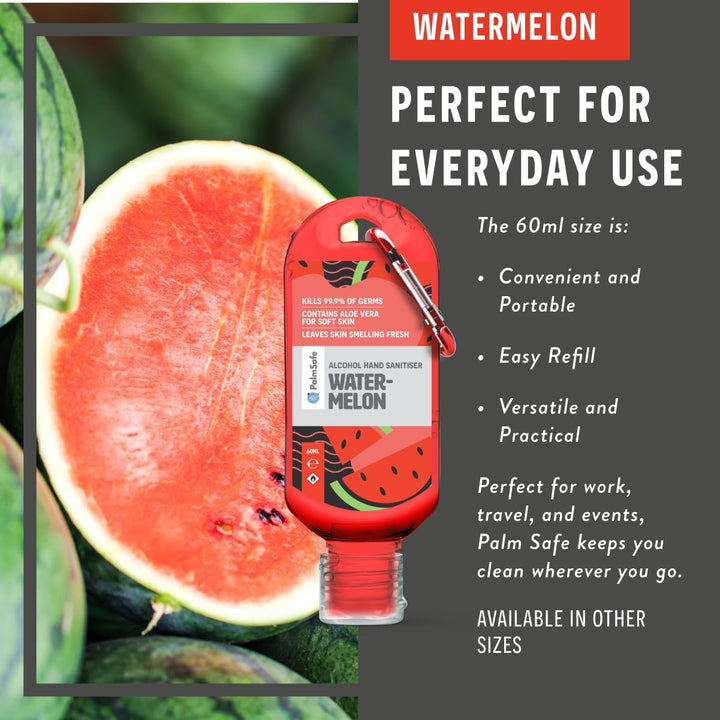 Watermelon 60Ml anti Bacterial Premium Hand Sanitiser Travel Size Refillable Clip Bottle Quick Drying Non Sticky Extra Moisturising Kills 99.9% of Viruses and Bacteria
