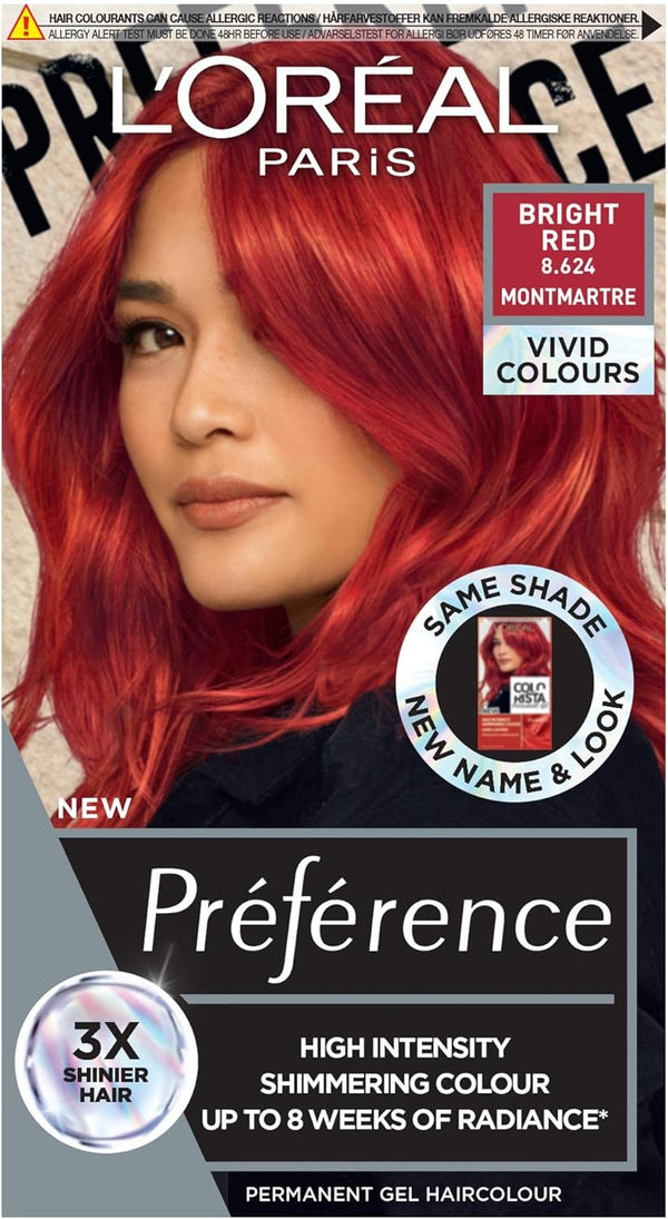 Paris Permanent Hair Colour, Long-Lasting Shine and Intense Colour, for up to 8 Weeks, Preference Vivids (Colorista), Bright Red 8.624, X1 Pack