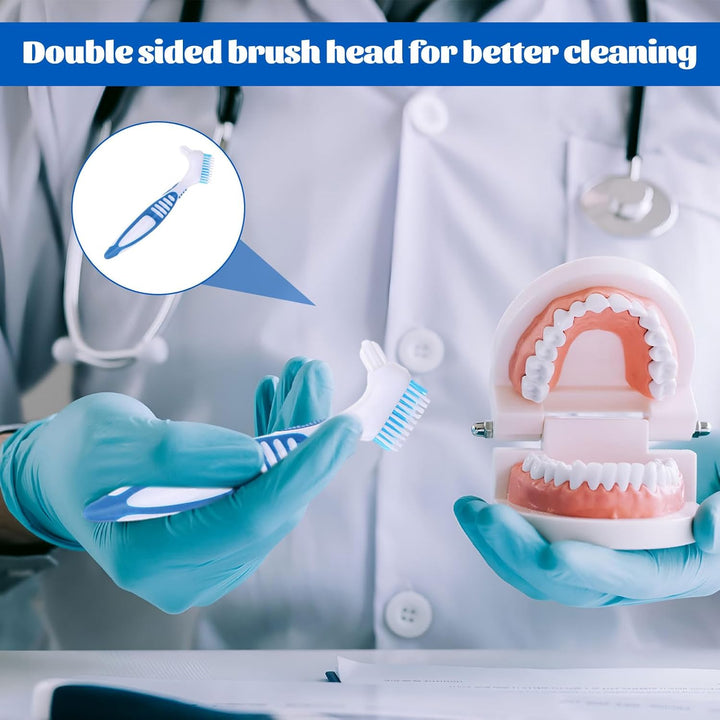 Denture Brush - 4 Pcs Double Bristle Head Toothbrush, False Teeth Brush for Cleaning Retainers (Blue, Purple, Green, Orange)