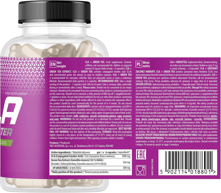 CLA + Green Tea - Conjugated Linoleic Acid Supplement with Green Tea Extract - 90 Capsules - Supports Fat Metabolism and Weight Management