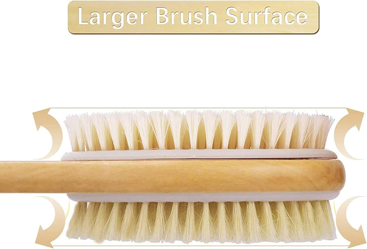Back Scrubber for Shower, Shower Brush for Exfoliating Skin and a Soft Scrub, Double-Sided Body Brush Head for Wet or Dry Brushing, Long Wooden Handle Cleans the Body Easily