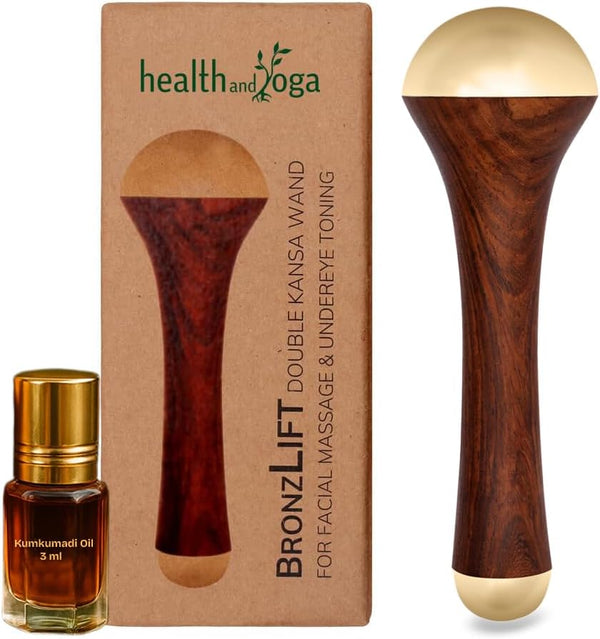 Healthandyoga Bronzlift Kansa Wand - Both Side Bronze Cap - Added Beauty Face Oil Vial - Ayurveda Face Yoga Beauty Tool - Facial, Neck & Under-Eye Massage – Toning and Sculpting (Two Dome)