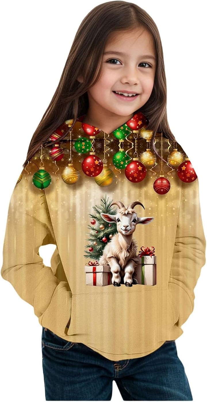 2025 Christmas Print Girls Hooded Sweatshirt Long Sleeve Pullover Top for Winter Holiday Festive Outfit Cozy Fleece Lined Soft Casual Wear
