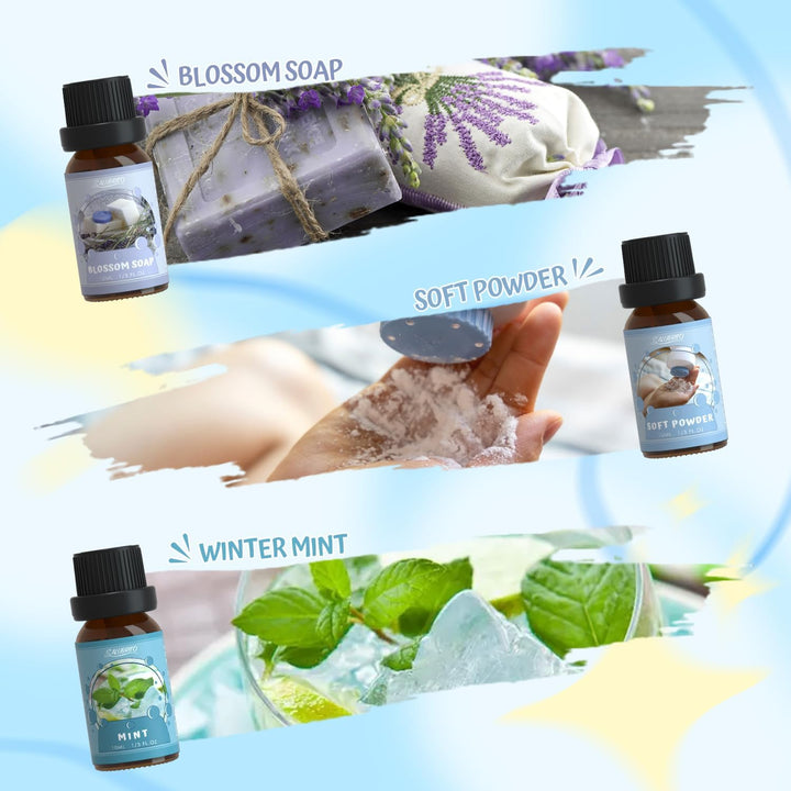 Clean Essential Oils Set, Fresh Cotton, Clean Home, Fresh Linen, Soft Powder, Blossom Soap, Mint Scented Oils for for Diffuser, Candle, Soap Making