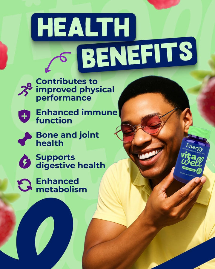 Energy Vitamin Gummies - 60 Strawberry Flavour Gummies | High Strength Chewable Sustained Endurance Vitamins | Vitamins B6 + B12 + Niacin | Alternative to Energy Drinks, Gels & Pills