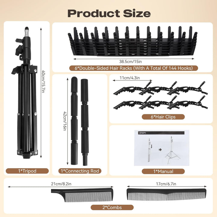 Braiding Hair Rack,Hair Extension Holder with 144 Pegs,Adjustable Height Braiding Rack & Wig Storage Stand,Double Sided Salon Tool for Salon Home Use