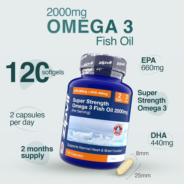 Omega 3 Fish Oil 2000Mg, EPA 660Mg DHA 440Mg per Daily Serving. 120 Capsules (2 Months Supply). Supports Heart, Brain Function and Eye Health. 2 Capsules per Serving
