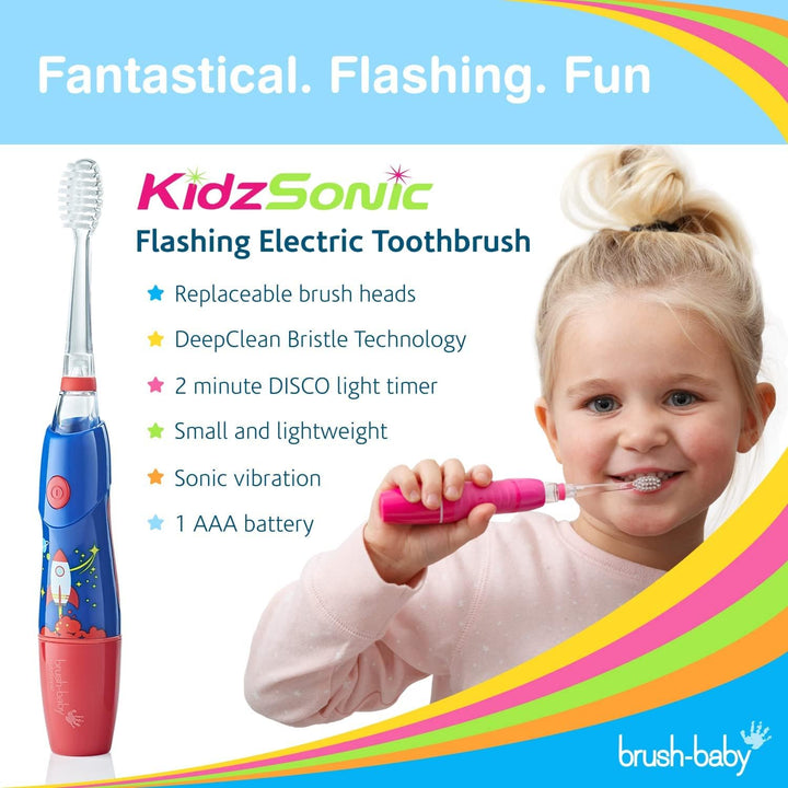 - Rocket Kidzsonic Kids Electric Toothbrush, 3+ Years - Deepclean Bristles, Suction Base - Fun Design with Flashing Disco Lights - 2 X Replacement Heads & 1 X AAA Battery