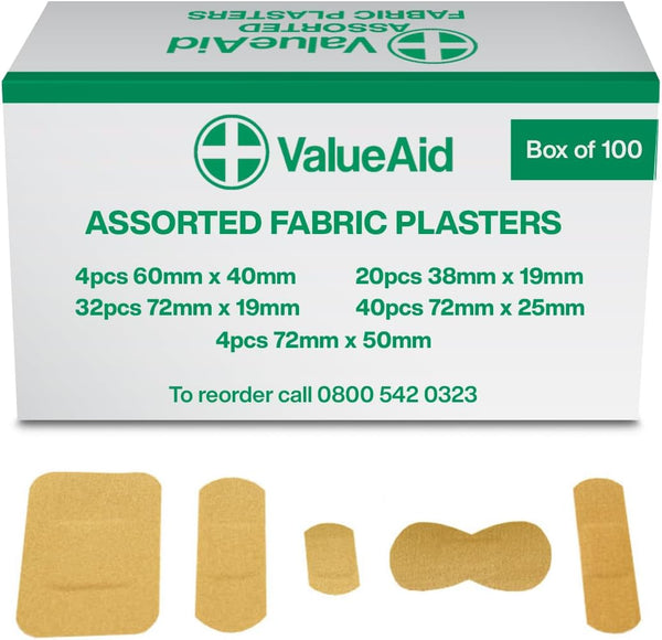 Fabric Plasters Assorted - Box of 100 Individually Wrapped Hypoallergenic Plasters, Latex-Free Adhesive - 5 Popular Sizes for First Aid Kit & On-The-Go Use Medical Supplies