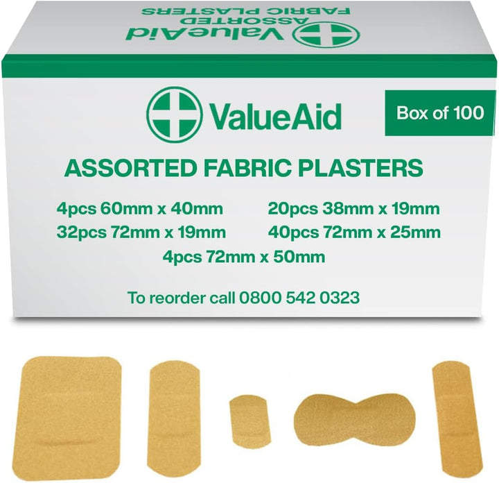 Fabric Plasters Assorted - Box of 100 Individually Wrapped Hypoallergenic Plasters, Latex-Free Adhesive - 5 Popular Sizes for First Aid Kit & On-The-Go Use Medical Supplies