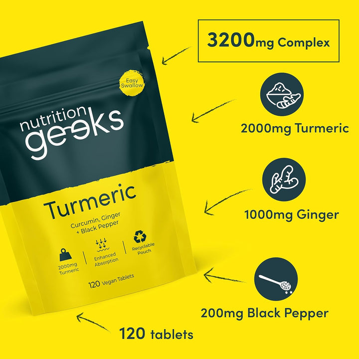 Turmeric Tablets 2000Mg with Black Pepper & Ginger - 120 High Strength Curcumin Supplements - Easy Swallow Tablets (Not Turmeric Capsules or Powder) - Vegan - UK Made
