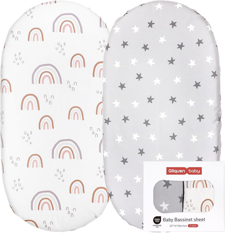 2 Pack Moses Basket Fitted Sheets, Newborn Pram Sheets Fitted, 100% Microfiber Oeko-Tex100 Cozy and Breathable Crib Baby Bassinet Sheets for Boy and Girl, Easy Care Soft Fitted Sheet