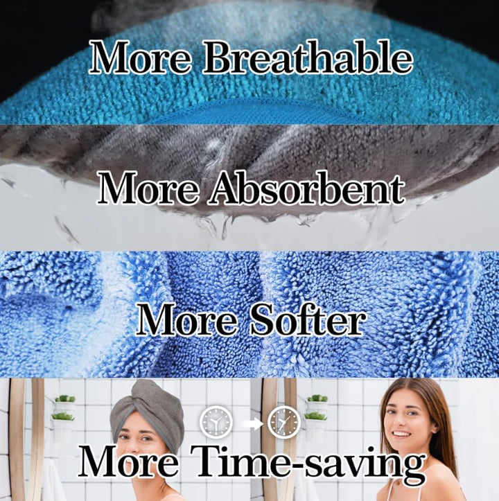 Microfibre Hair Towel Wrap: 2Pack Hair Turban Super Absorbent Rapid Drying Microfiber Towel for Women Curly Long Wet Plopping Hair Girls Head Towelling Large Anti-Frizz (Haze Blue)