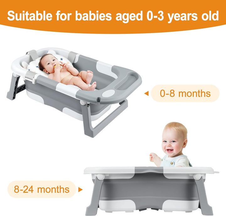Foldable Baby Bathtub – Portable Collapsible Infant Tub with Seat Support & Heat-Sensitive Drain – Newborn to Toddler (0-36 Months) – Safe, Non-Slip & Space-Saving (Grey)