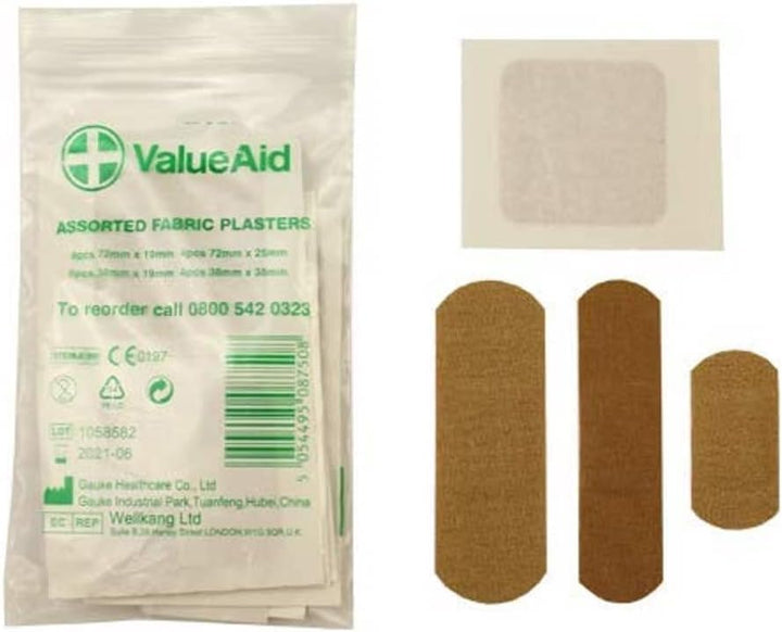 Fabric Plasters Assorted - Box of 100 Individually Wrapped Hypoallergenic Plasters, Latex-Free Adhesive - 5 Popular Sizes for First Aid Kit & On-The-Go Use Medical Supplies