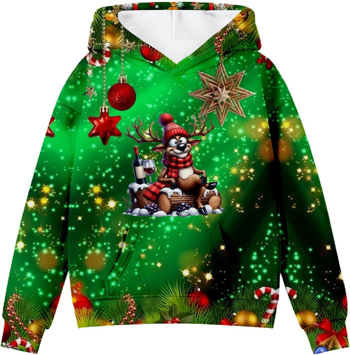 2025 Christmas Print Girls Hooded Sweatshirt Long Sleeve Pullover Top for Winter Holiday Festive Outfit Cozy Fleece Lined Soft Casual Wear