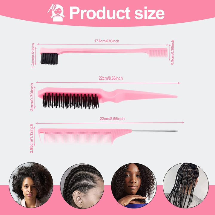 3 Pcs Slick Back Hair Brush Set with Edge Brush, Bristle Brush, Rat Tail Comb, Teasing Brush Set for Smoothing Baby Hair & Flyaways - Pink