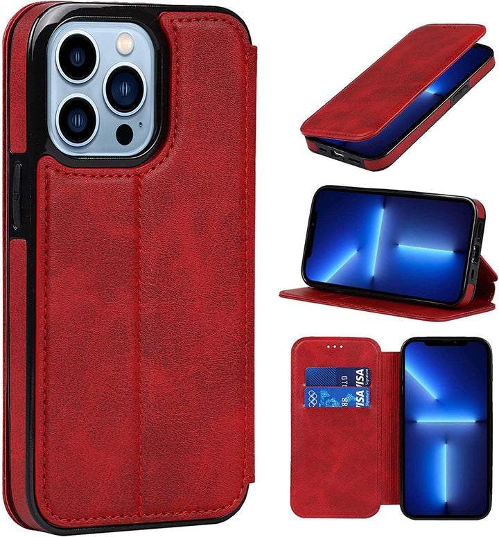 Wallet Case for Iphone 13/13 Pro/13 Pro Max, PU Leather Magnetic Protective Flip Case Cover with Credit Card Slot Viewing Stand Shockproof TPU (Color : Red, Size : 13Pro Max 6.7")