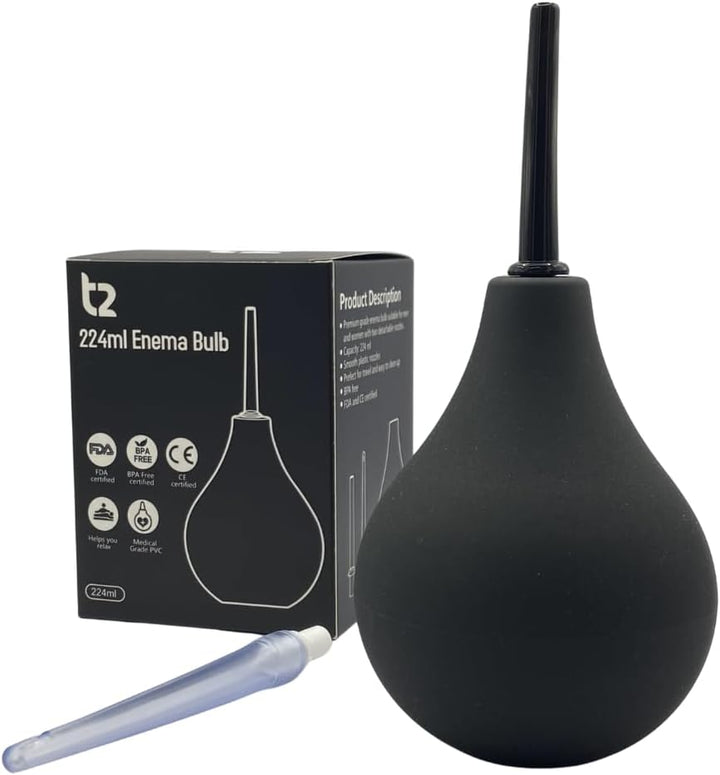 Enema Bulb 224Ml for Men and Women - Reusable Colon Cleansing Douche for Constipation - UKCA, CE & FDA Certified - Includes 2 Slim Nozzles (1 Soft, 1 Hard)