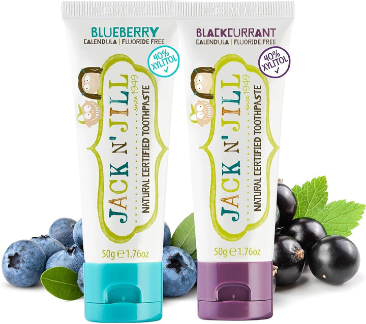 Jack N’ Jill Natural Certified Kids Toothpaste – Fluoride-Free Toddler & Baby Toothpaste with 40% Xylitol, No Sugar, Suitable from 6 Months+, Banana & Strawberry Flavour, Pack of 2 (50G Each)