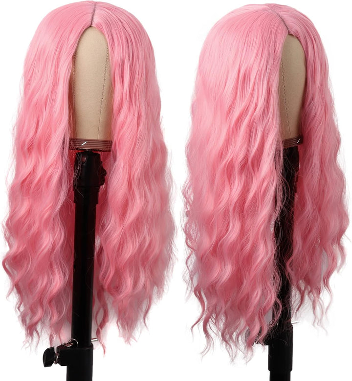 28 Inch/70 Cm Long Wavy Middle Part with No Bangs Synthetic Fiber Curly Fashion Women Party Cosplay Wig (Light Pink)