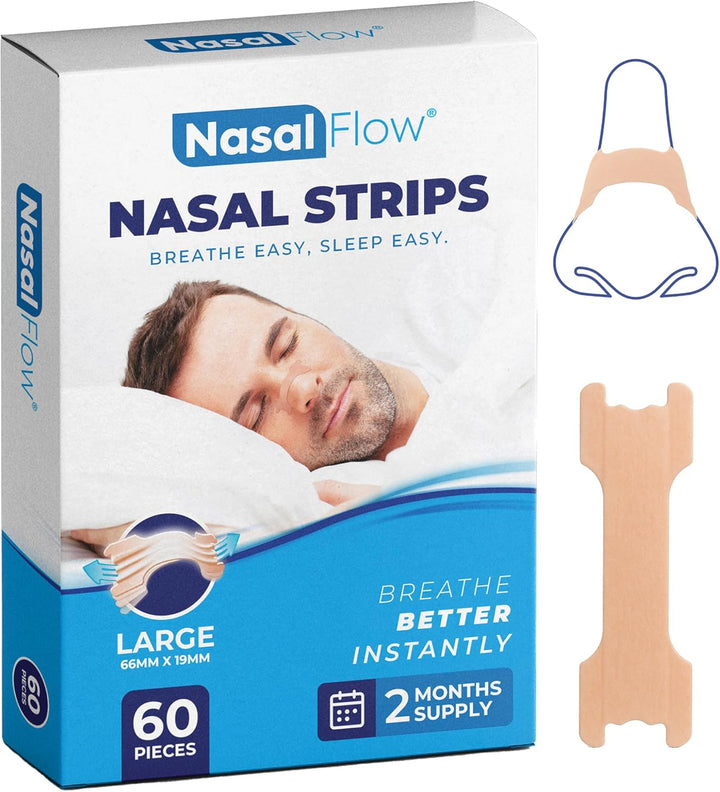 Nasal Strips Large 60 Pack | Nose Strips for Breathing, Snoring & Better Sleep | Instantly Relieves Congestion, Drug-Free, and Strong Hold for Men & Women by