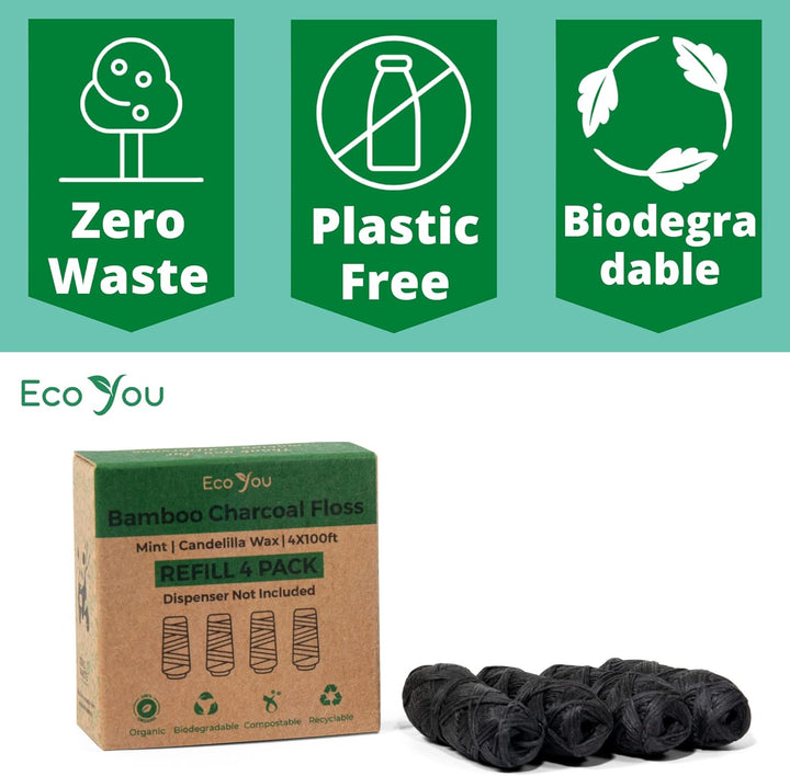 Eco Floss Charcoal Dental Floss Refills | Mint & Candelilla Wax Biodegradable Floss (Black 4 Refills Only)