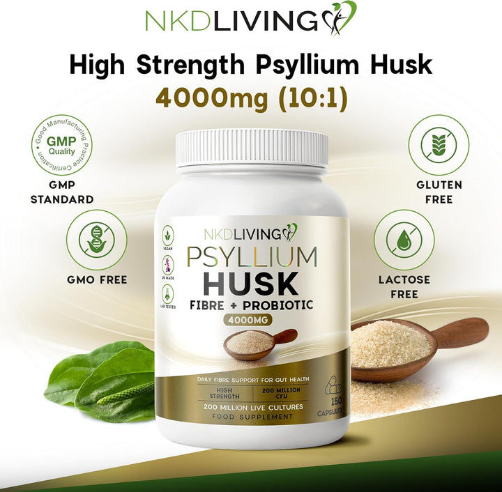 Psyllium Husk Capsules 4000Mg with Lactobacillus Acidophilus | 200 Million CFU | Natural Soluble Fibre | 150 Vegan Capsules