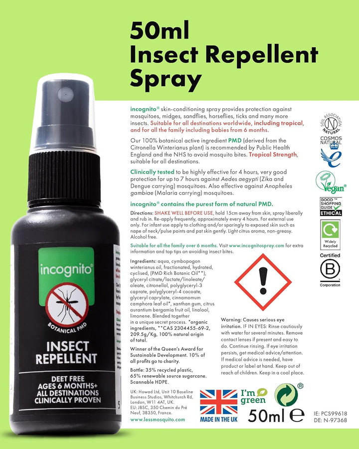 Insect Repellent Spray, 50Ml - Natural DEET Free, Shields from Wide Range of Biting Insects. Clinically Proven Protection from Ticks & Dengue Carrying Mosquitoes, Organic Mosquito Repellent