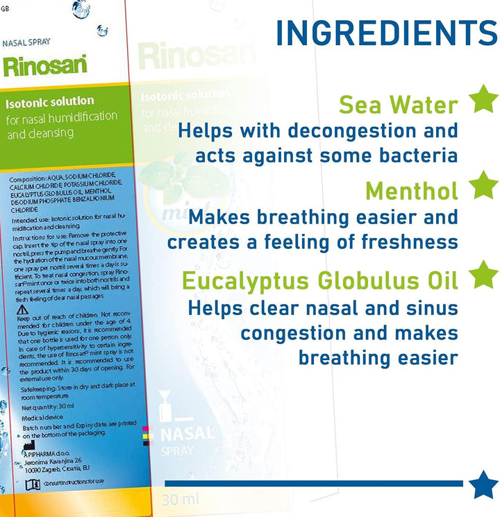 Rinosan Isotonic Nasal Mint Spray - for Allergy, Congestion, Rhinitis, Sinus and Hayfever - Relief for Adults and Kids - Added Eucalyptus, Calcium - 30 Ml