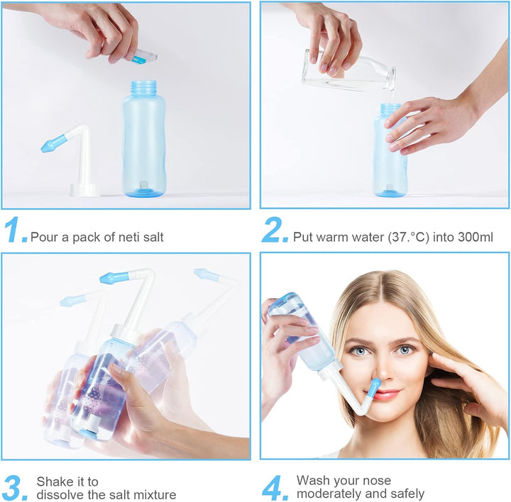 Neti Pot, Nasal Rinse Kit Nose Wash Cleaner, 300Ml Sinus Rinse Bottle with 40 Nasal Wash Salt Packets, Pressure Rinse Nasal Irrigation for Adult and Kid BPA Free