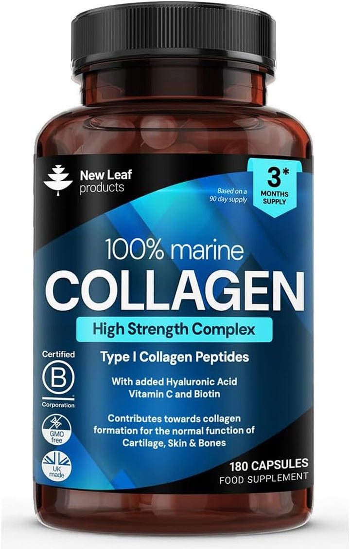 Pure Marine Collagen 100% Marine Collagen Type 1 Hydrolysed Collagen Peptides Enhanced with Hyaluronic Acid & Vitamin C -Essential Amino Acids - Collagen Supplements for Women and Men, 60 Capsules