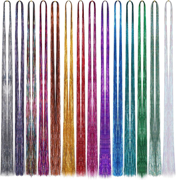 14 Colors 4200 Strands Hair Tinsel, 35.5 Inches Hair Glitter Strands Shiny Colorful Straight Hair Extensions for Women Girls Party Cosplay Rainbow, Hair Tinsel Kit (No Tools)