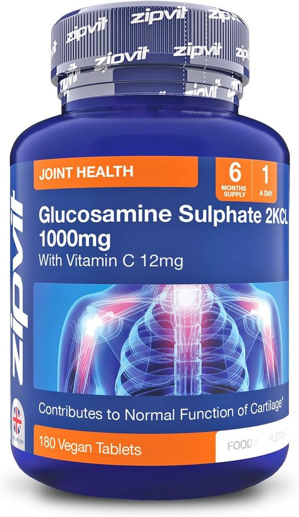 Glucosamine Sulphate 2Kcl 1000Mg with Vitamin C, 180 Vegan Tablets, Supports Bones, Cartilage & Collagen, Reduces Tiredness & Fatigue, Joint Health Supplement, 6 Month Supply