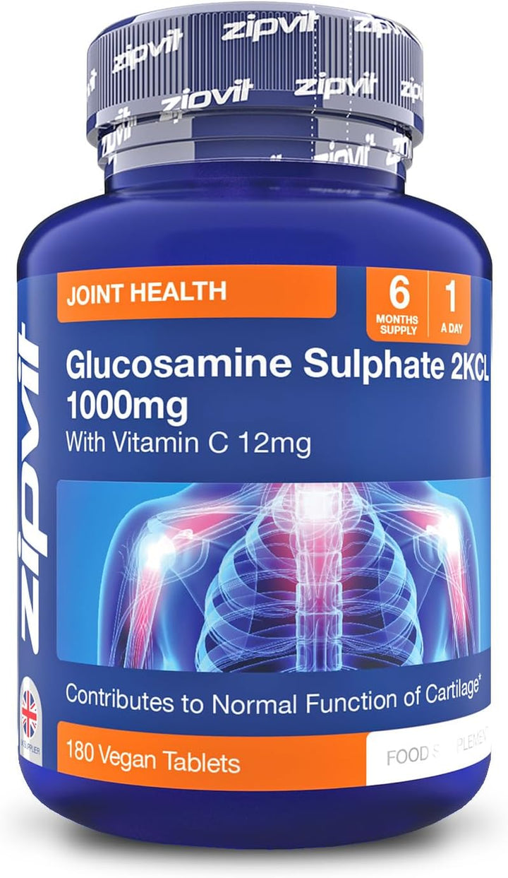 Glucosamine Sulphate 2Kcl 1000Mg with Vitamin C, 180 Vegan Tablets, Supports Bones, Cartilage & Collagen, Reduces Tiredness & Fatigue, Joint Health Supplement, 6 Month Supply