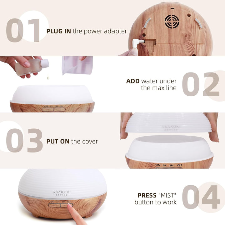 300Ml Essential Oil Diffuser, Wood Grain Ultrasonic Aromatherapy Diffuser, Quiet Diffuser with 4 Timers, Auto Shut-Off & Colour-Changing LED for Home, Office, Yoga | Relaxation & Better Sleep