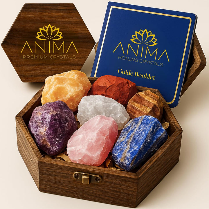Premium 7 Chakra Healing Crystals Set for Energy Alignment - Large Raw Amethyst, Rose Quartz, Citrine, Lapis Lazuli, Clear Quartz, Tigers Eye & Red Jasper - Wooden Gift Box & Guidebook Included
