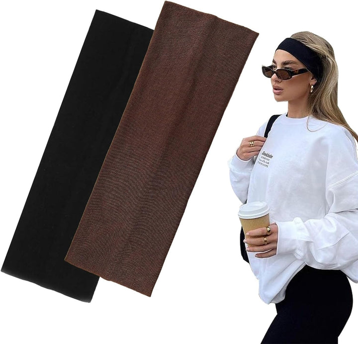 7Cm Wide Black Headbands for Women Men,  2Pack Fashion Head Bands for Women'S Hair, Soft Fabric Stretchy Hair Bands for Makeup, Yoga, Running (2Xblack)
