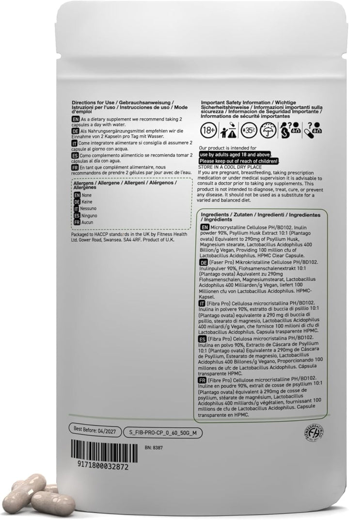 Fibre Pro Complex Capsules - Inulin Powder - Husk Powder - Lactobacillus Acidophilus for Digestive System - Supplement 60 Capsules