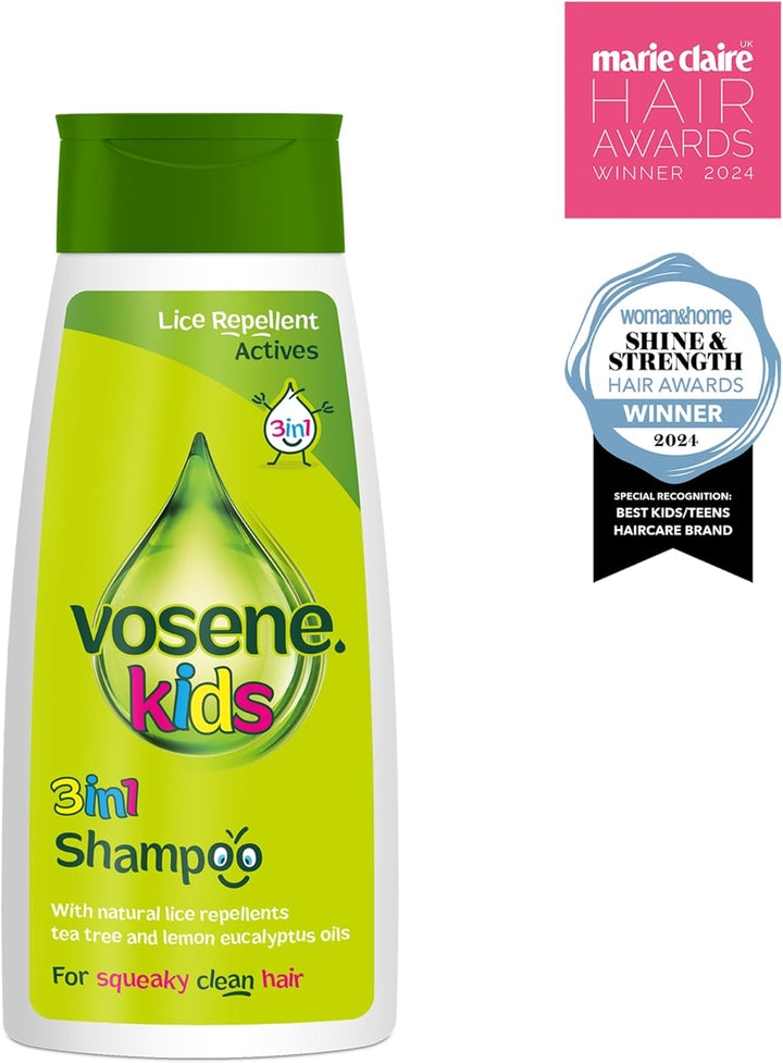 Vosene Kids Head Lice Repellent Treatment Bundle - Vosene Shampoo 3 in 1 250Ml & Conditioner Defence Spray 150Ml + 1 Nit Comb & 1 Hair Tie for Head Lice Treatment.